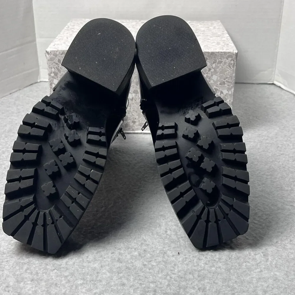 ShoeDazzle Enslee Boots Womens 7.5 Black Harness Lug Sole Block Heel Moto Style - Picture 7 of 13